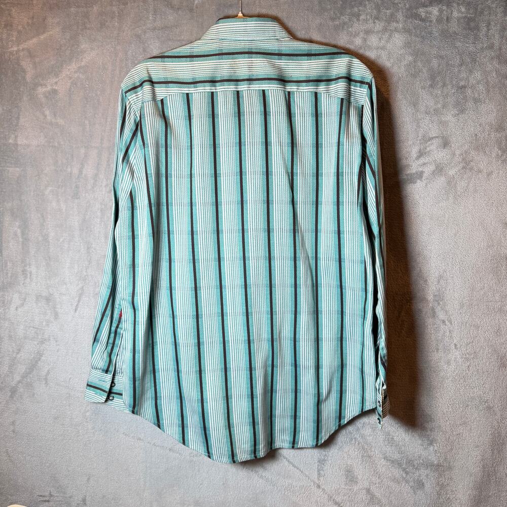 Robert Graham Mens Striped Shirt Teal Flip Cuff Button Down Medium M - Picture 2 of 6